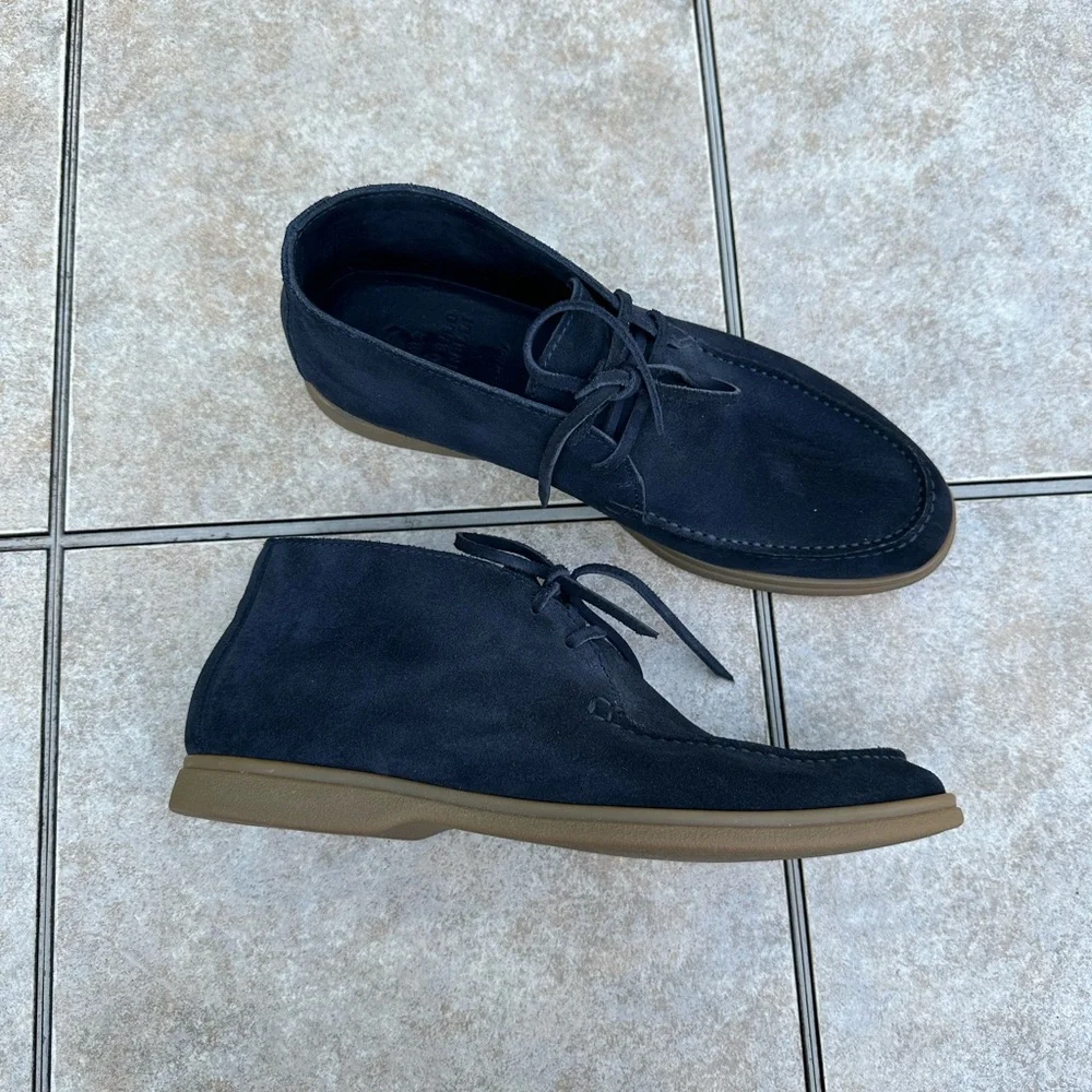 Brunello Cucinelli Navy Suede Chukka Boots with Tan Sole
